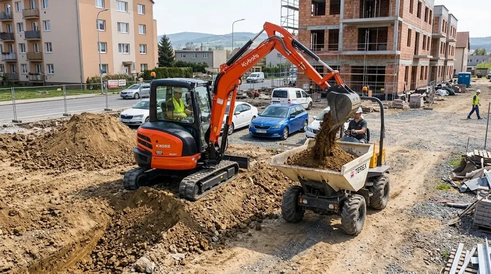 Bagr Kubota nakládá materiál do dumperu na staveništi